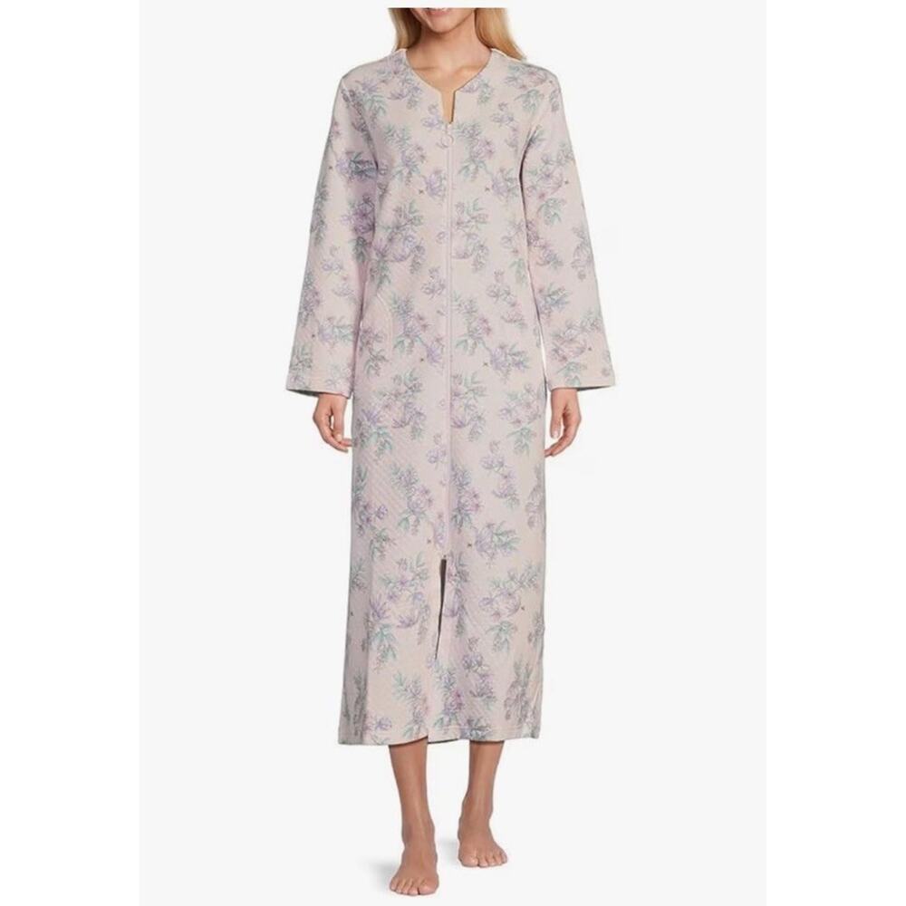 Miss Elaine Quilted Floral Print Long Zipper Robe Pink Lilac Petite Small‎